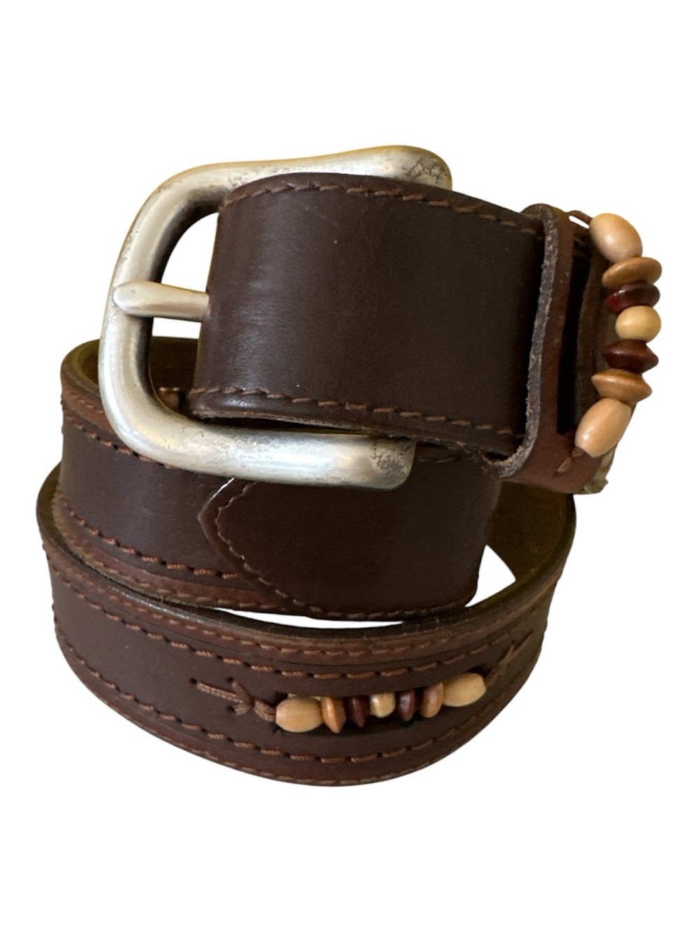 Vintage Solid Brass Buckle Men's Brown Leather Belt with Wooden Beads 32 in